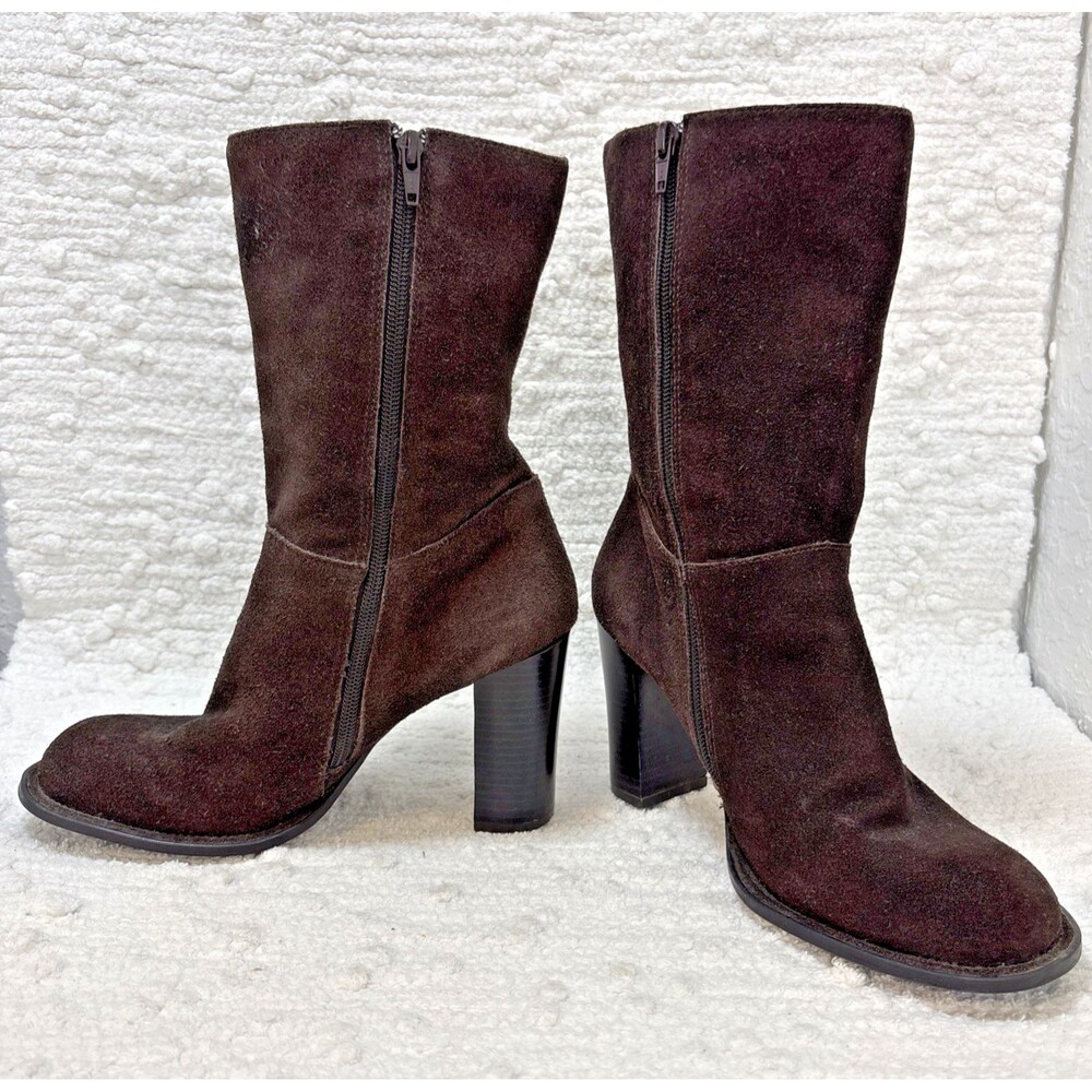 Mossimo Brown Suede Leather Boot Mid Calf Block Heel Zip Women's US size 9